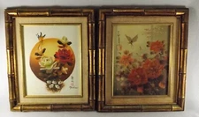 Vtg. Pair 1970's Asian Paintings on Canvas Butterflies & Flowers Signed & Framed