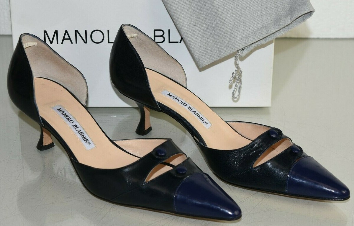 NEW Manolo Blahnik GERONDA Dorsay BB Leather Navy Blue Kitten