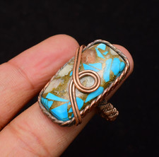 Copper Turquoise Gemstone Copper Wire Wrapped Handmade Jewelry Ring Size 11