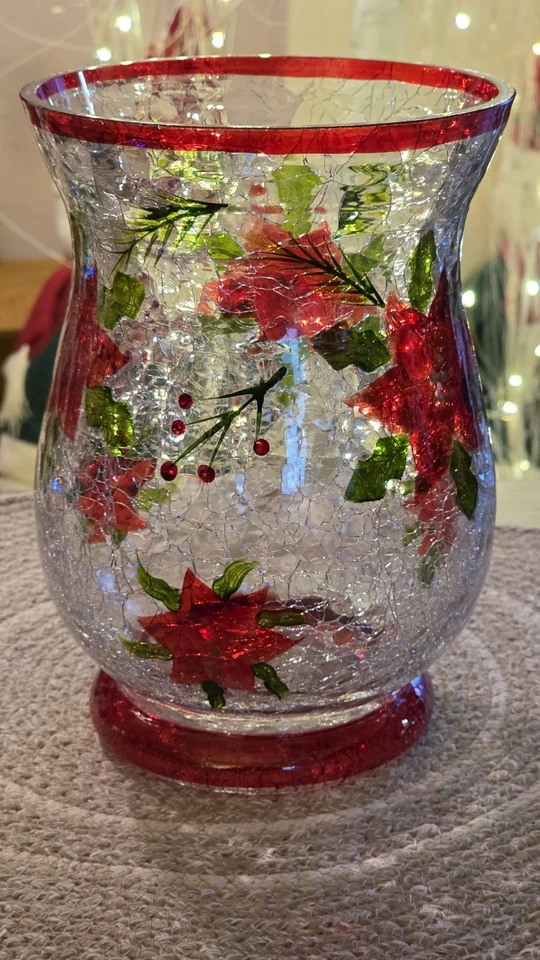 Candelabro grande Poinsettia Crackle Glass Hurricane 8" de alto 6" de ancho Foto 3 de 4