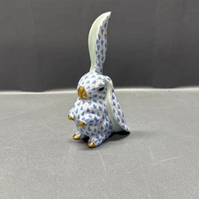 🐇 Herend Rabbit One Ear Up 24k Gold Blue Fishnet 4in x 2in x 1 1/4in