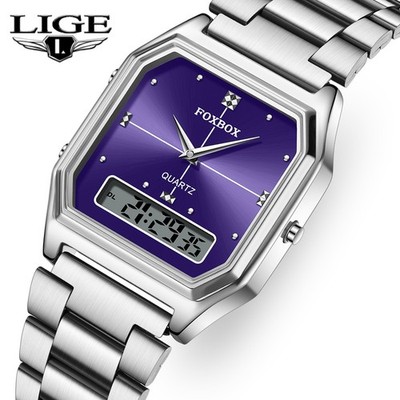 Men Watch Quartz Dual Time Luminous Waterproof Stainless Steel Ladies Wristwatch