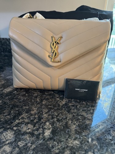 YSL Saint Laurent Loulou Shoulder Bag Dark Beige  Chevron Leather Purse Med. Nwt
