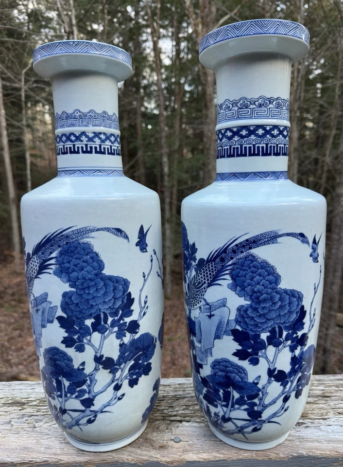 Pair of Vintage Chinese Blue & White Porcelain Vases Kangxi Marked 20th C. 19.5” - Image 4 of 4