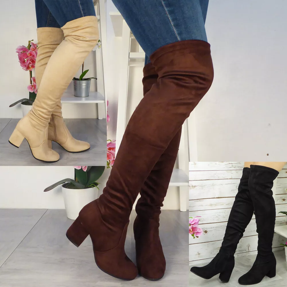 Thigh High Boots Ladies Over The Knee Casual Womens Office Mid Heel Shoes Sizes