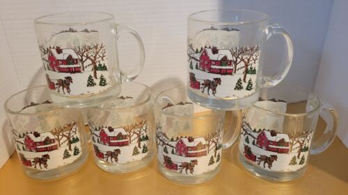 6) Vtg Libbey Christmas Winter Village Snow Scene Glass 12 oz Mugs Great Set! - Afbeelding 1 van 13