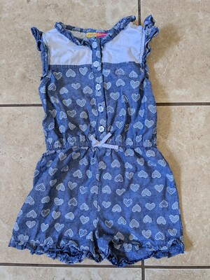 Toddler Girl Sz 5 Penelope Mack Blue White Heart Print Short Romper Summer 