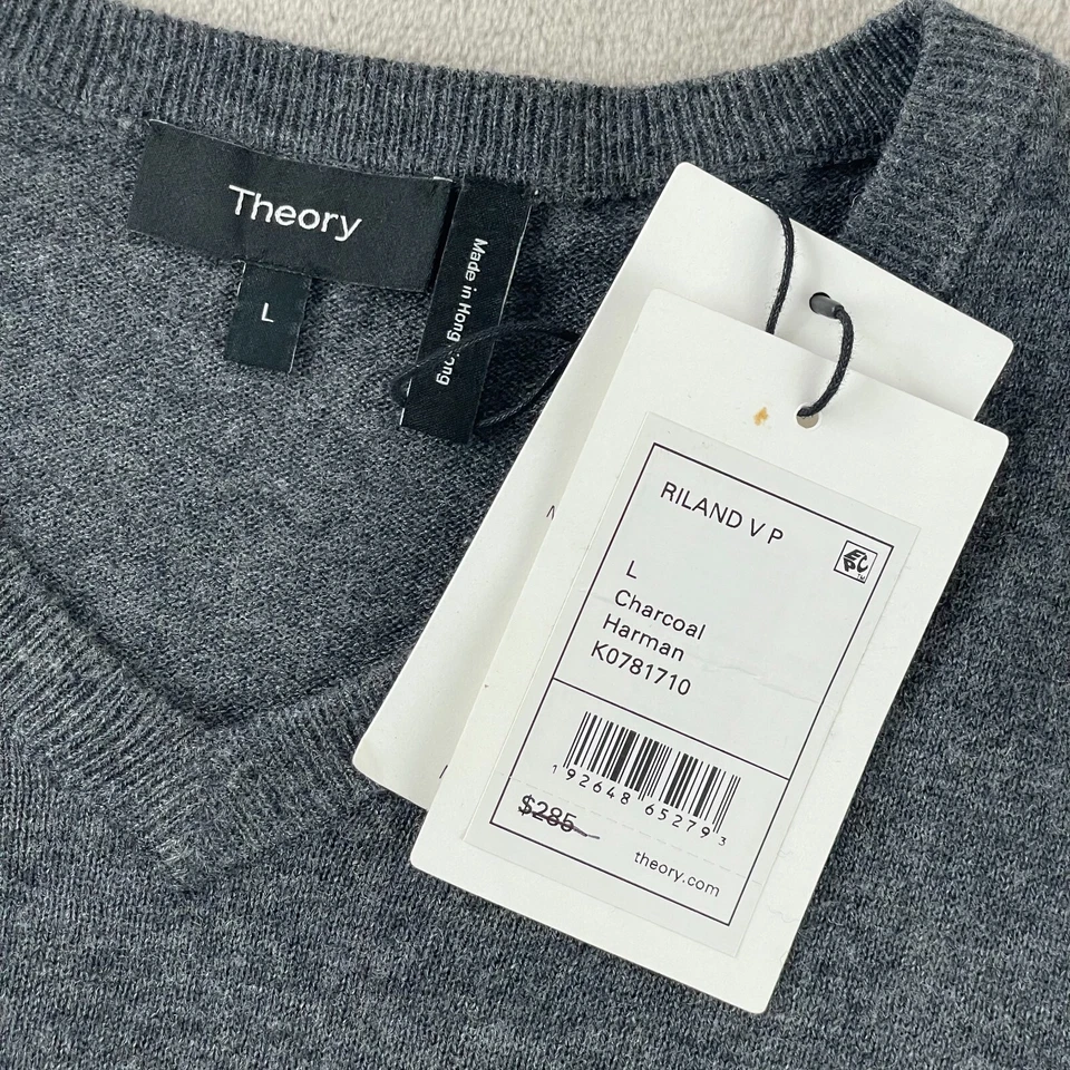 Suéter masculino Theory Riland gola V grande carvão merino lã pulôver novo com etiquetas - Imagem 3 de 4