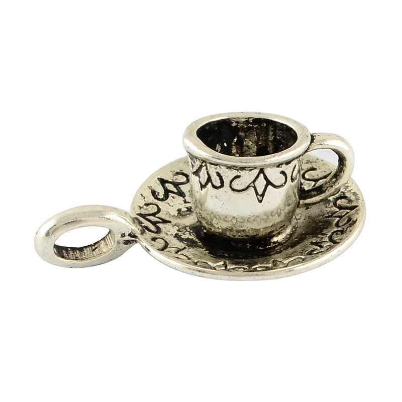 Teacup Charm Antiqued Silver Tea Time Cup and Saucer Pendant Wonderland  jewelry