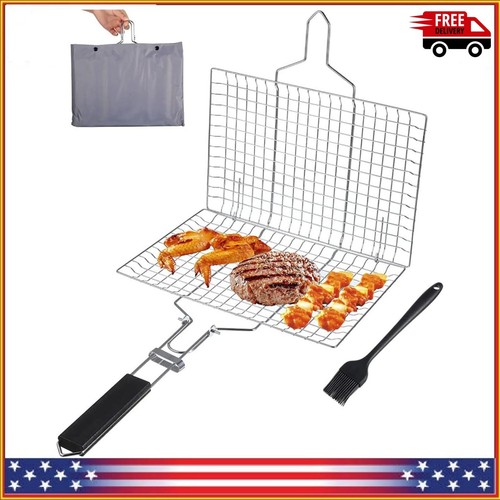 Stainless Steel Grill Basket with Handle Non Stick Folding Meat BBQ Grilling