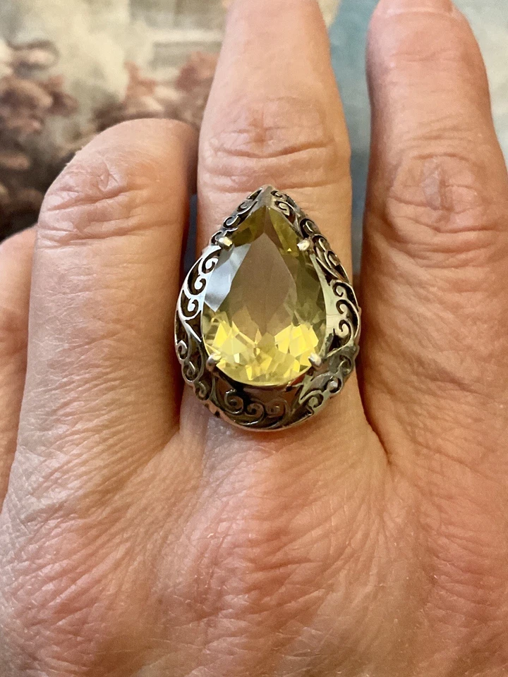 MARQUISE ÉNORME CITRINE, ARGENT CISELÉ MAIN, SPLENDIDE ANCIENNE BAGUE - Photo 3/4
