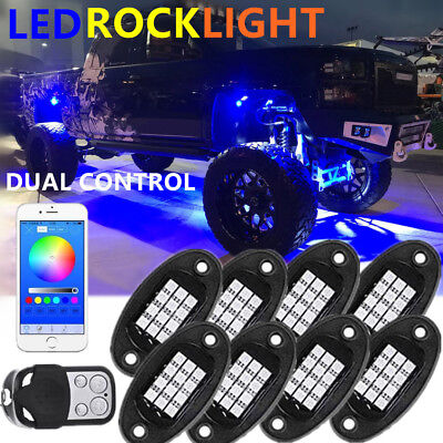 8x Pod RGB LED Rock Light Rocklights Offroad Wireless Bluetooth Music Controller