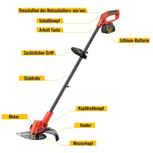 1000W Akku-Rasentrimmer Bürstenlos Freischneider Motorsense 9 Zoll 2.5Ah 2*Akkus - Bild 2 von 10