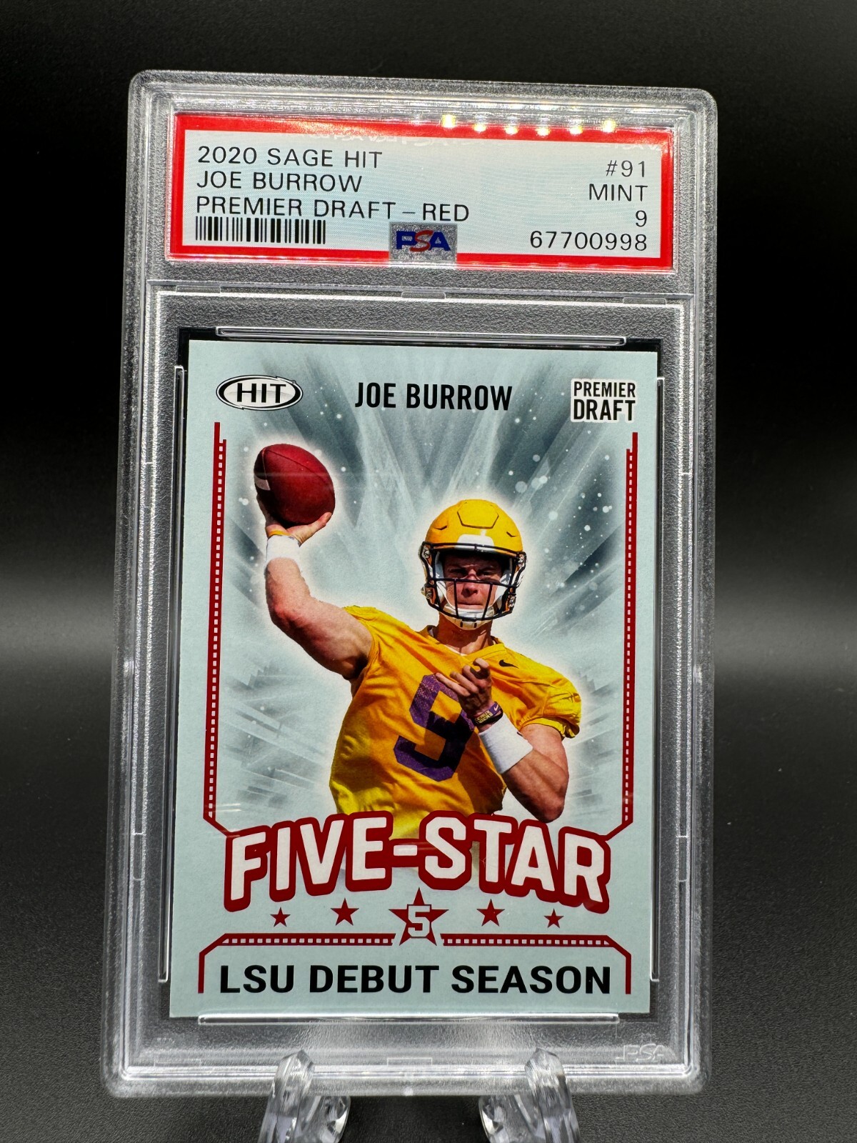 POP 1 NONE HIGHER - 2020 SAGE HIT Premier Draft Red - Joe Burrow #91 PSA 9