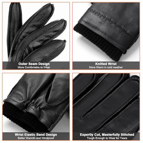 Winter Genuine Chrome-free Leather Gloves For Men, Small Black(wool Lined) - Picture 6 of 6