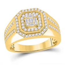 14K YELLOW GOLD MEN BAGUETTE DIAMOND OCTAGON CLUSTER RING 3/4 CTTW