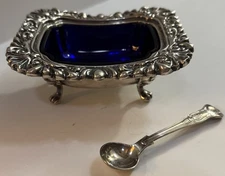 Sheffield Reproduction Silver Plate Salt Dish w/ Cobalt Blue Glass Insert 1781