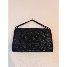 Vintage Nordstrom Black Beaded Clutch 80s 90s Evening Purse Art Deco Satin