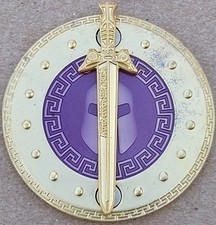 Spartan Sword Shield Geocoin - AE25 Satin Gold - Activated, Adoptable - TB83YE5