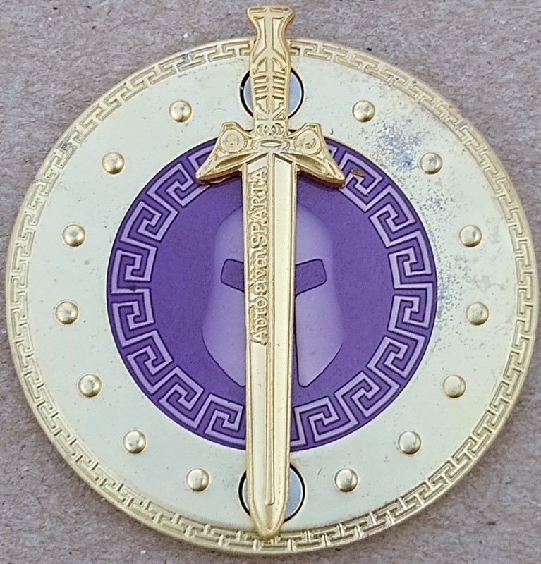 Spartan Sword Shield Geocoin - AE25 Satin Gold - Activated, Adoptable - TB83YE5