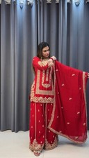 New Presenting Red Heavy Georgette Top Palazzo And Dupatta For Party Wear