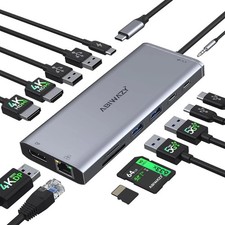 USB C Hub USB-C Docking Station Dual Monitor 14 in 1 Triple Display Grey 0808E