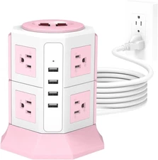 Pink Tower Power Strip with Surge Protection | 8 AC 8 Outlets-4 USB, 