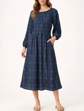 Lucky Brand Plaid Midi Dress Women’s M Long Sleeve Smocked Waist Blue Green New