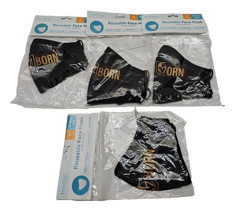 Lot of 4,Boomer Reusable Face Mask, Size medium 10"w x 5.8"h (Vegas Born ) Black