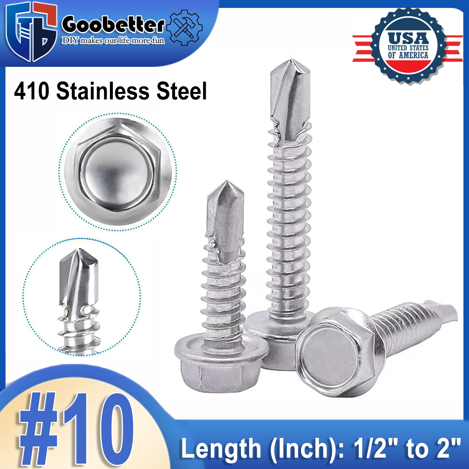 Tek Screws 1000 Count #10 X 3/4" Hex Washer Head Self-Drilling - Zinc Coated, Grade 2 Steel 3 Inch Self Tapping Metal Screws - Foto 3