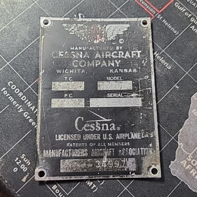 1988 Cessna Aircraft Crash Original Aircraft Data ID Plate 