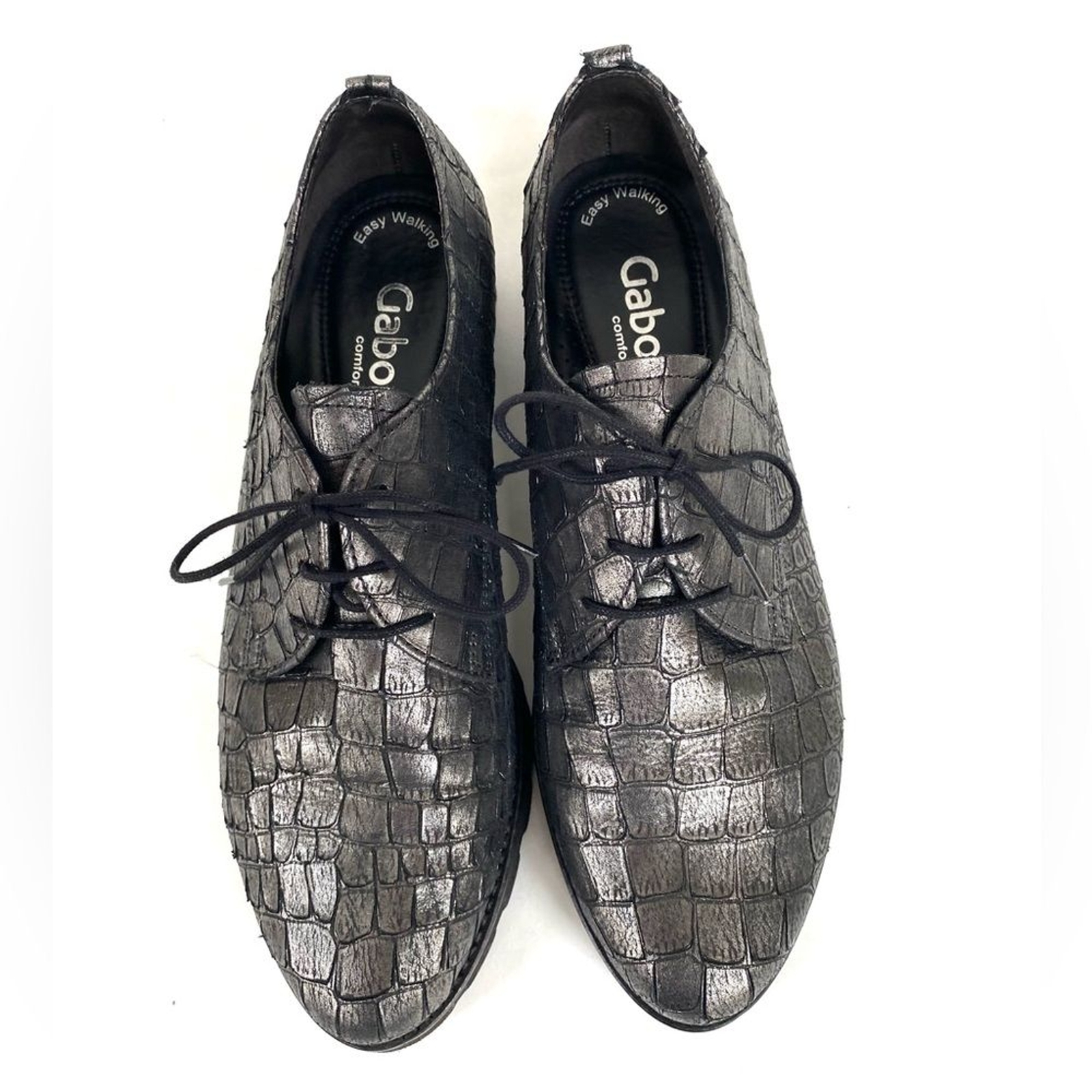 Kronos Up Gabor Kronos Helen Pewter Metallic Leather Croc Embossed Oxford Lace Up ...