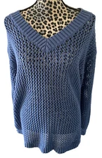 Talbots Blouse XL Crochet Knit 100% Cotton Blue Long Sleeve 44” Bust