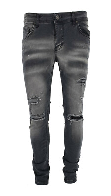 Mens Grey Peviani Slim Fit Ripped Repair Jeans Stretch Distressed Denim  Pants UK UK