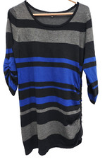 Kasota Rose Womens Striped Ruched Sweater Dress Large Blue Black Side Zip Tunic