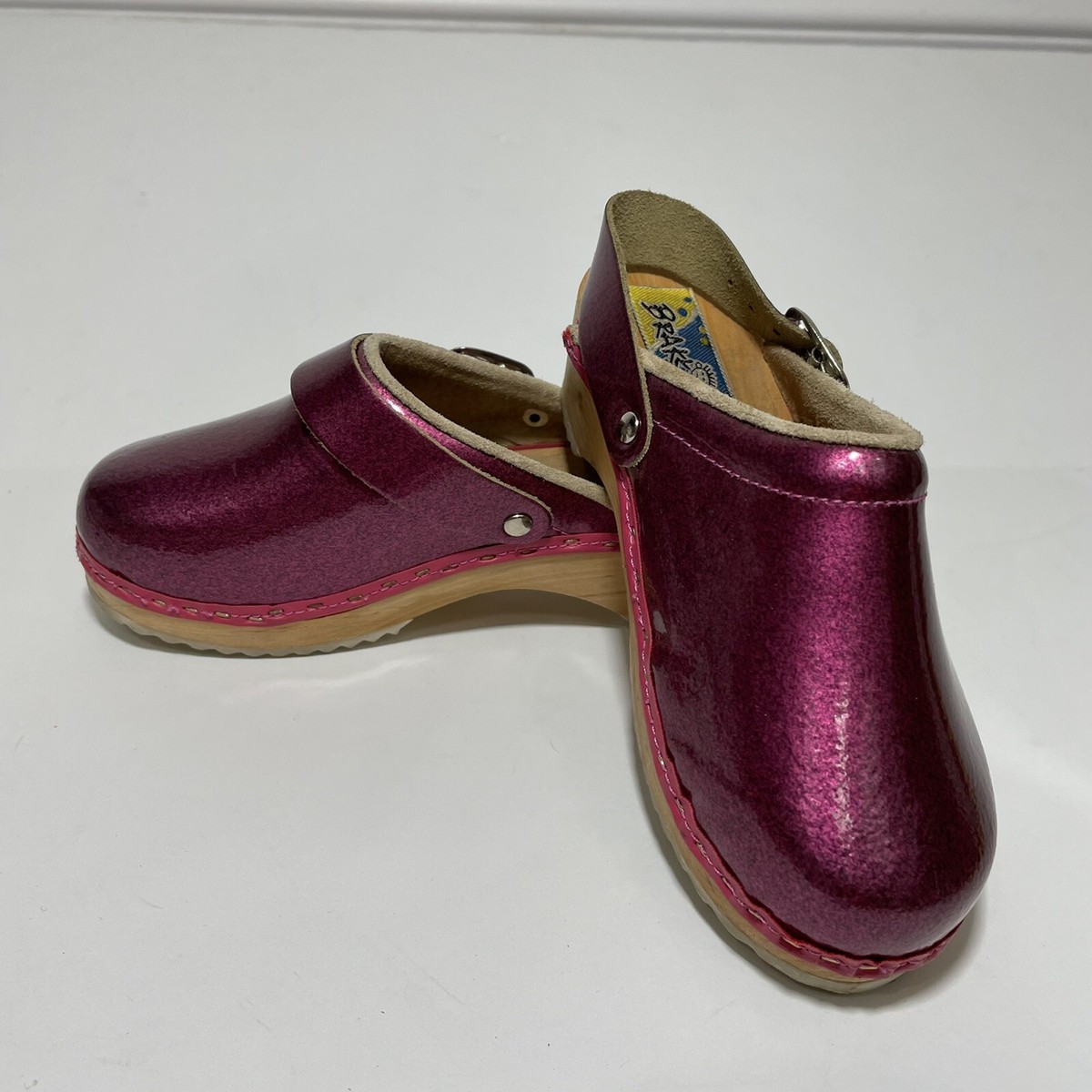 Brakkies Kids Wood Clogs Size 28 Pink Metallic Heel Strap