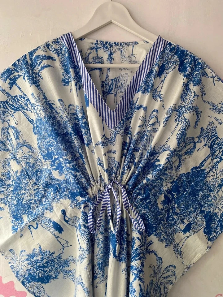 Maxi Vestido Caftán Playa Larga 100% Algodón Indio Vintage Talla Única Caftán Kimono Foto 4 de 4