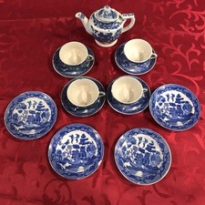 VINTAGE CHILDRENS BLUE WILLOW TEA SET 2 WITH CHIPS VERY NICE LOOK
