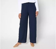 Susan Graver Regular Textured Woven Wide Leg Pull-On Pant Navy Small A696225