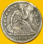 1839 U.S. SEATED LIBERTY SILVER HALF DIME 1/2 5c COIN (F-Fine)