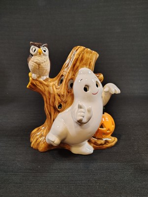 Vintage, Halloween, Ceramic, Ghost, Tree, Owl, Pumpkin, Candle Light Holder
