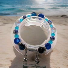 Blue White Glass Round Bead Charm Bracelet w/...