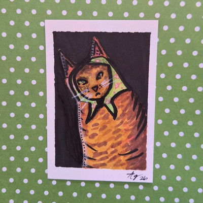 ACEO Cat Bandana Illustration Drawing, Original, Paper, Unframed