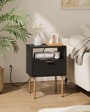 Nightstand with Charging Station, Modern Bedside Table, Small End Table, Black