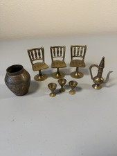 Vintage Brass Mini 8 Piece Chairs, Teapot Goblets Vase Doll House Miniatures Lot