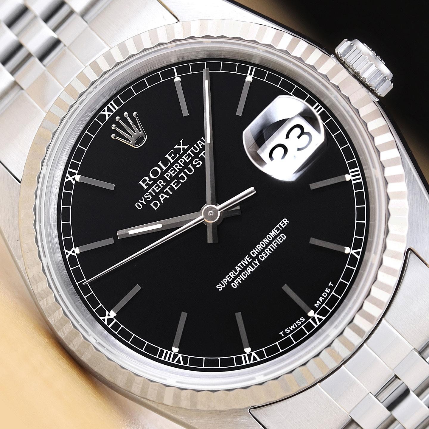 ROLEX MENS DATEJUST 16234 BLACK 18K WHITE GOLD STAINLESS STEEL JUBILEE WATCH