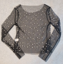 2 Women's black & pink sheer see-thru faux pearl beads LS short tops size M  NEW
