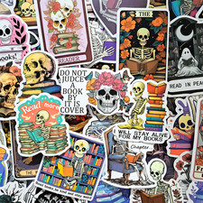 50 PCS Reader Skeleton Sticker Pack Book Lover Bookish Skeleton Reading Quotes