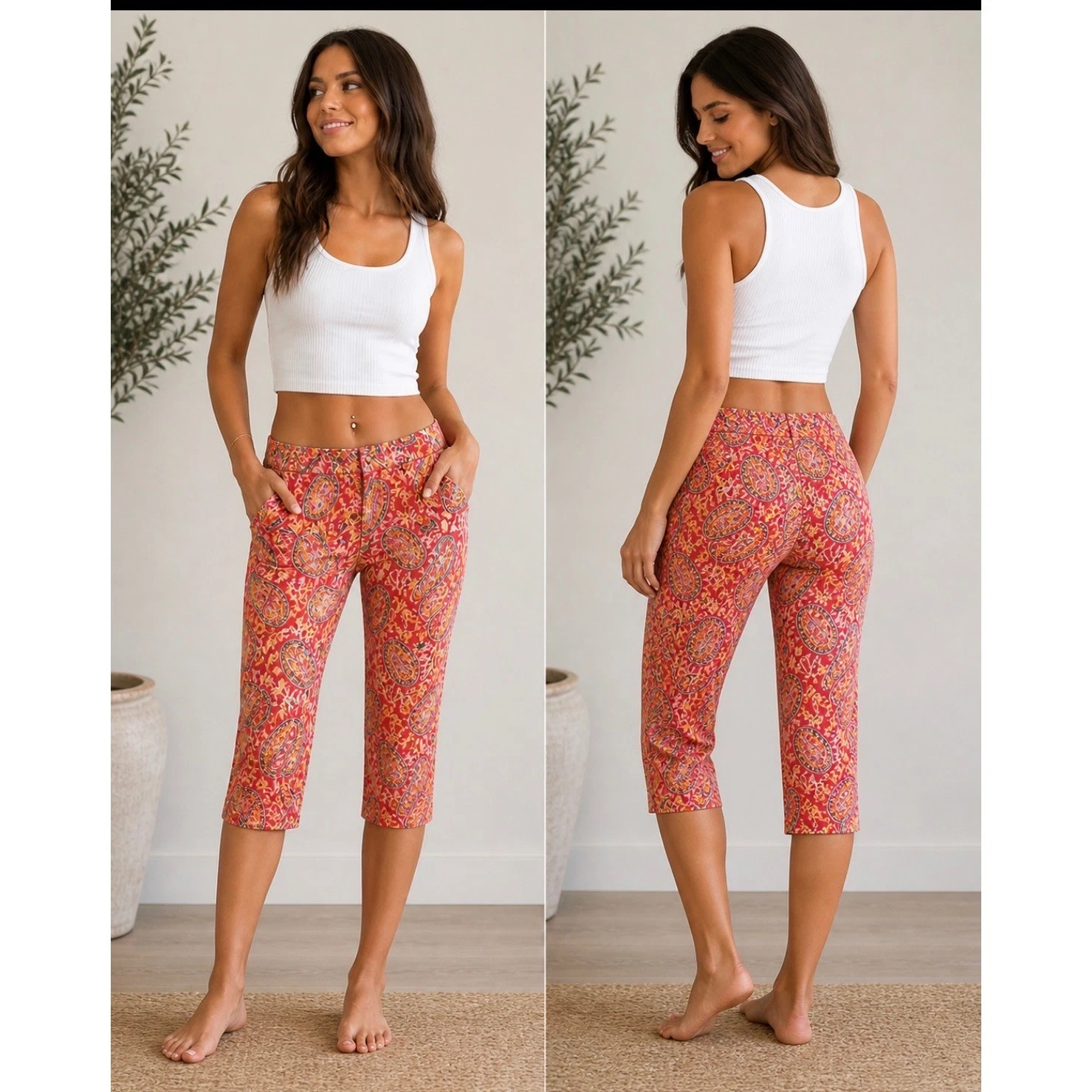 Ralph Lauren Paisley Capri Pants Womens 8 Red Cotton Stretch Cropped Trousers