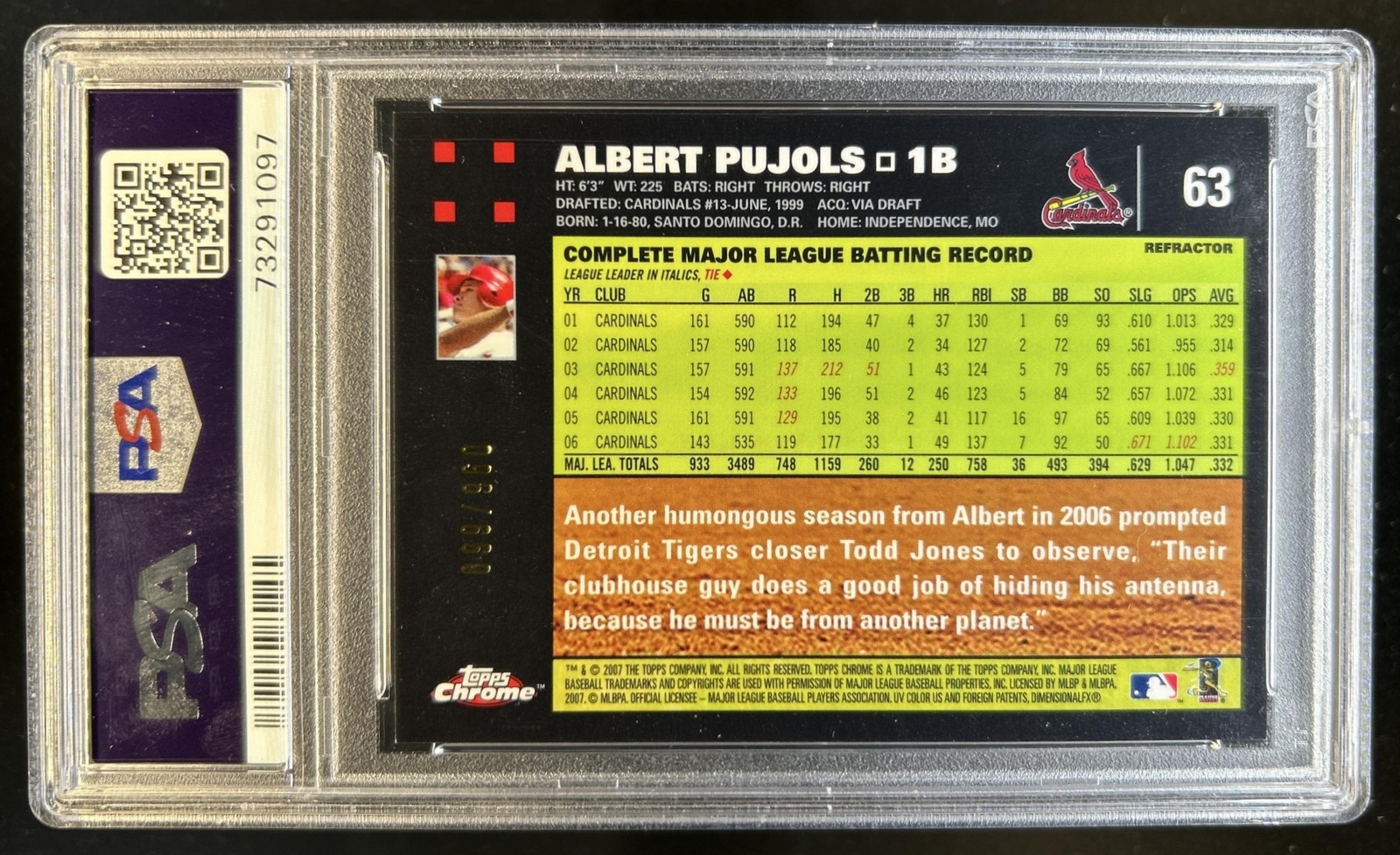 2007 Topps Chrome Albert Pujols White Refractor #/660 Cardinals PSA 9 view 2